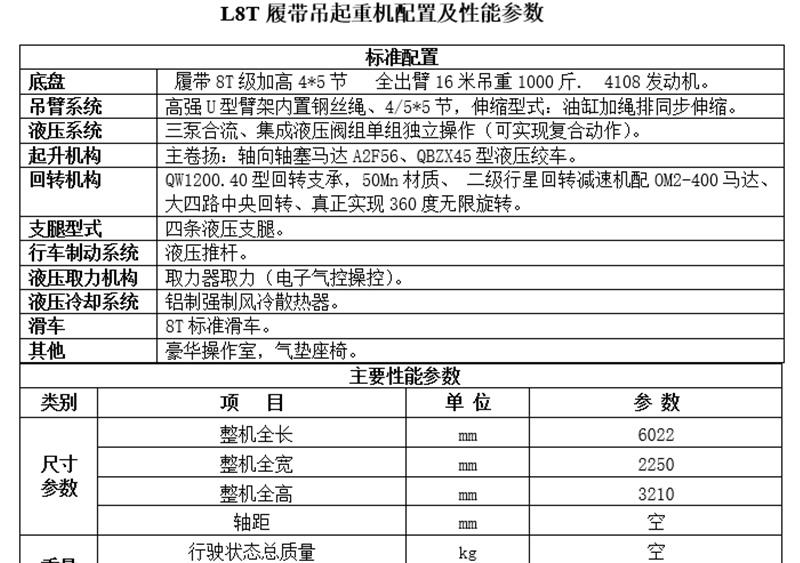 8噸履帶吊車配置性能